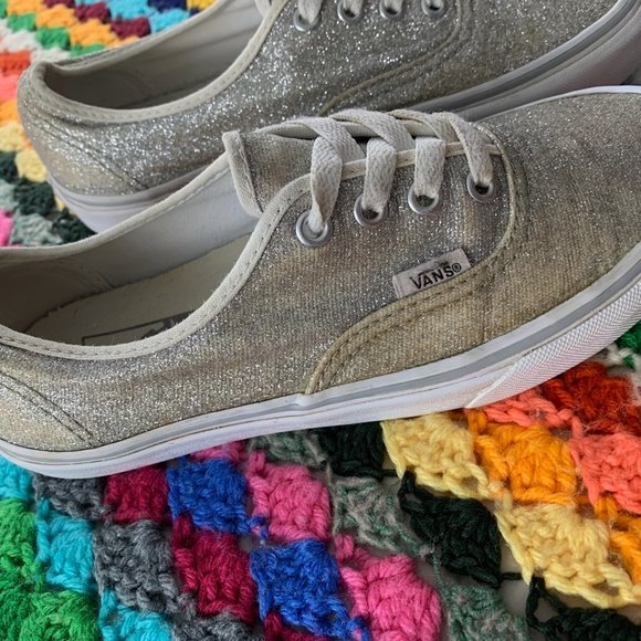 Vans Authentic Metallic Silver Glitter Lace Up Flat Skate Sneaker Waffle… - Picture 3 of 11